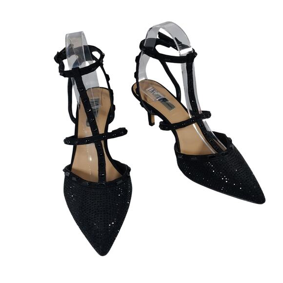 INC! DELICATE BLACK T-STRAP, POINTY TOE KITTEN HEELS, BLACK JEWELED! SZ 8M - Picture 1 of 10